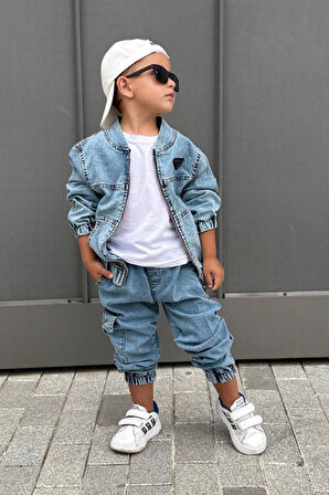 Miniğimin Cicileri Kot Ceketli Kargo Cepli Erkek Çocuk 3 lü Takım - Mavi