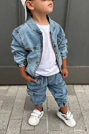 Miniğimin Cicileri Kot Ceketli Kargo Cepli Erkek Çocuk 3 lü Takım - Mavi