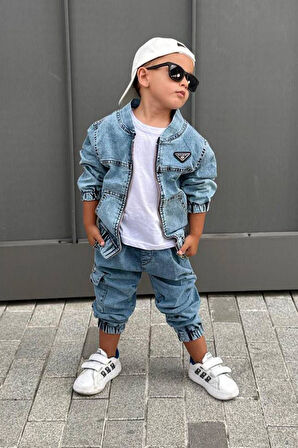 Miniğimin Cicileri Kot Ceketli Kargo Cepli Erkek Çocuk 3 lü Takım - Mavi