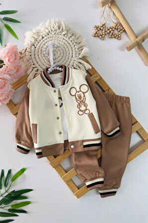 Miniğimin Cicileri Mck İşleme Detaylı Kolej Yaka Erkek Bebek 3 lü Takım - Sütlü Kahve