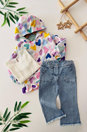 Miniğimin Cicileri Kalp Desenli Yağmurluklu Kız Çocuk 3 Lü Takım - Somon