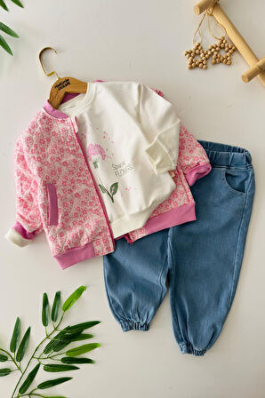 Miniğimin Cicileri Çiçek Desenli Kapitone Ceketli Kız Çocuk 3 lü Takım - Pembe