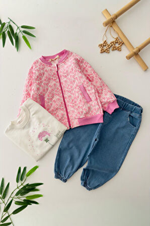 Miniğimin Cicileri Çiçek Desenli Kapitone Ceketli Kız Çocuk 3 lü Takım - Pembe