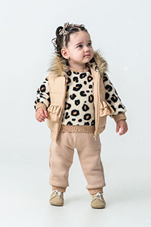 Mimiğimin Cicileri Pofuduk Kürk Kapüşonlu 3 lü set - Bej