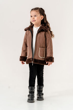 Miniğimin Cicileri Kürklü Süet Montlu Kız Çocuk 3'Lü Takım - Kahverengi
