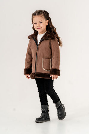 Miniğimin Cicileri Kürklü Süet Montlu Kız Çocuk 3'Lü Takım - Kahverengi