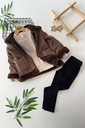 Miniğimin Cicileri Kürklü Süet Montlu Kız Çocuk 3'Lü Takım - Kahverengi