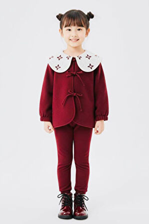 Miniğimin Cicileri Fiyonklu Geniş Yaka Polar Kız Çocuk Kışlık 2’li Takım - Bordo