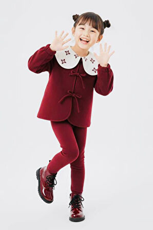 Miniğimin Cicileri Fiyonklu Geniş Yaka Polar Kız Çocuk Kışlık 2’li Takım - Bordo