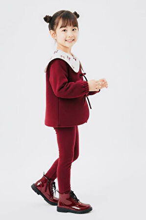 Miniğimin Cicileri Fiyonklu Geniş Yaka Polar Kız Çocuk Kışlık 2’li Takım - Bordo