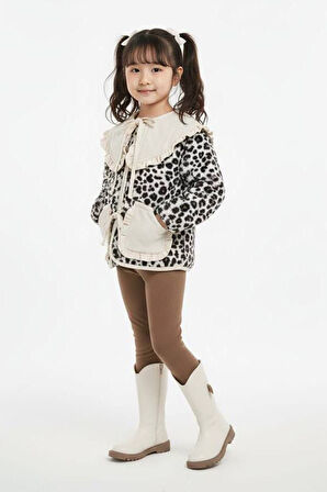 Miniğimin Cicileri Leopar Desenli Volan Yaka Polar Kız Çocuk Kışlık 2’li Takım - Bej