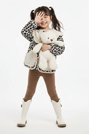 Miniğimin Cicileri Leopar Desenli Volan Yaka Polar Kız Çocuk Kışlık 2’li Takım - Bej