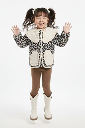 Miniğimin Cicileri Leopar Desenli Volan Yaka Polar Kız Çocuk Kışlık 2’li Takım - Bej