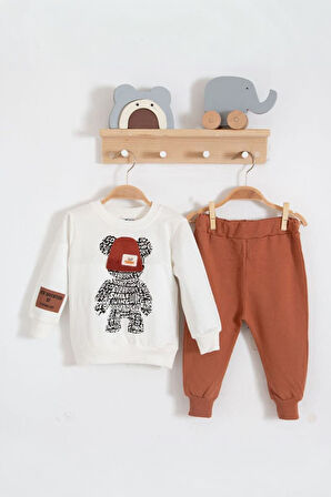 Miniğimin Cicileri Ayıcık Baskılı Erkek Çocuk 2’li Mevsimlik Takım - Kiremit