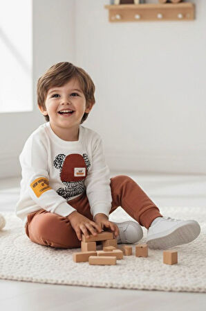 Miniğimin Cicileri Ayıcık Baskılı Erkek Çocuk 2’li Mevsimlik Takım - Kiremit