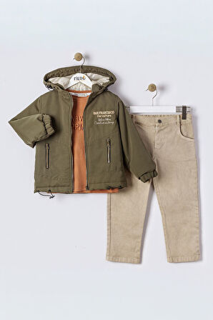 Miniğimin Cicileri Fermuarlı Kapüşonlu Erkek Çocuk Kışlık 3’lü Kombin -Kahve