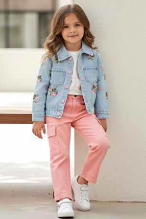 Miniğimin Cicileri Çiçek İşleme Detay Ceketli Kız Çocuk 3 lü Takım - Somon