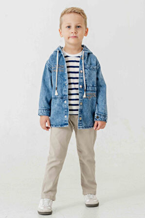 Miniğimin Cicileri Çizgili Detaylı Kot Ceketli Erkek Çocuk 3 lü Takım - Bej