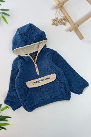 Miniğimin Cicileri Kanguru Cep Detaylı Kapüşonlu Unisex Çocuk Polar Sweat - Mavi