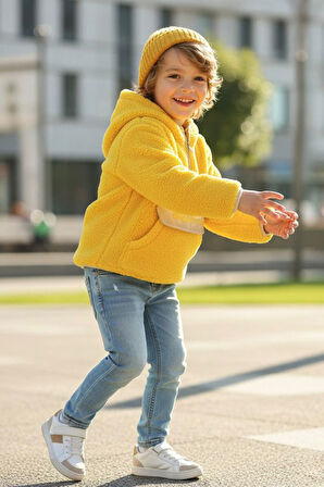 Miniğimin Cicileri Kanguru Cep Detaylı Kapüşonlu Unisex Çocuk Polar Sweat - Sarı