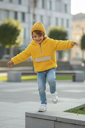 Miniğimin Cicileri Kanguru Cep Detaylı Kapüşonlu Unisex Çocuk Polar Sweat - Sarı