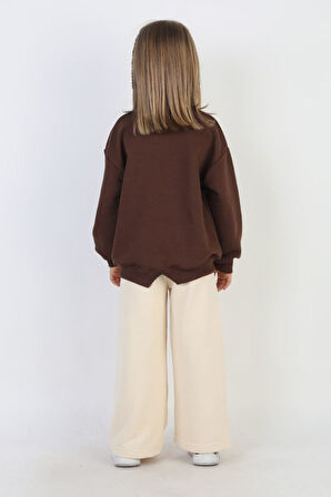 Miniğimin Cicileri Kalp İşleme Detaylı Kız Çocuk 2 li Takım - Kahverengi