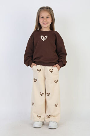 Miniğimin Cicileri Kalp İşleme Detaylı Kız Çocuk 2 li Takım - Kahverengi