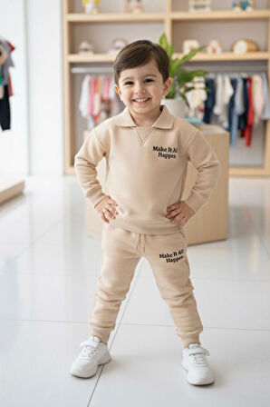 Miniğimin Cicileri Make İt All Kabartma Baskılı Erkek Çocuk 2 li Takım - Krem