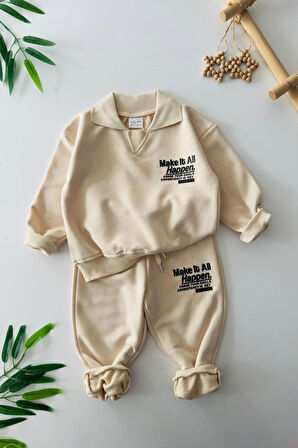 Miniğimin Cicileri Make İt All Kabartma Baskılı Erkek Çocuk 2 li Takım - Krem