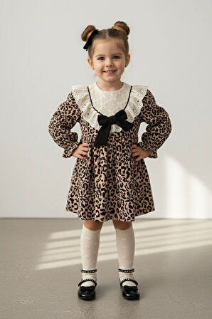 Miniğimin Cicileri Fistolu Yaka Leopar Desenli Kız Elbise - Kahve