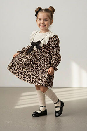 Miniğimin Cicileri Fistolu Yaka Leopar Desenli Kız Elbise - Kahve