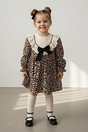 Miniğimin Cicileri Fistolu Yaka Leopar Desenli Kız Elbise - Kahve