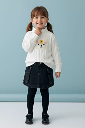 Miniğimin Cicileri Yumoş Örgü Cep Detaylı Kız Çocuk Etekli Takım - Beyaz