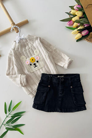 Miniğimin Cicileri Yumoş Örgü Cep Detaylı Kız Çocuk Etekli Takım - Gri