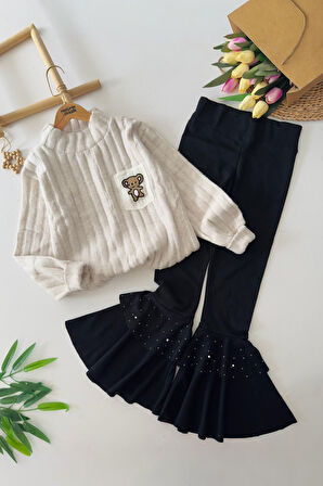 Miniğimin Cicileri Yumoş Cep Ayıcık Örgü Detaylı Kız Çocuk İspanyol Takım - Gri