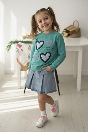Miniğimin Cicileri Kalp Detaylı Kot Etekli Kız Çocuk 2 li Takım - Yeşil
