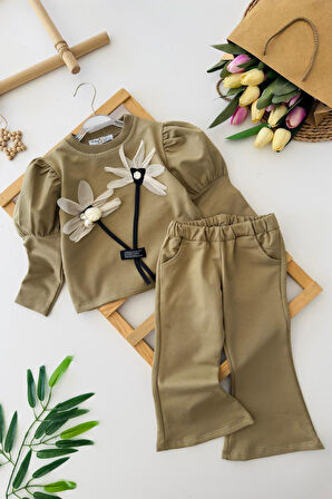 Miniğimin Cicileri Prenses Kol Detaylı Çiçekli Kız Çocuk 2 li Takım - Haki