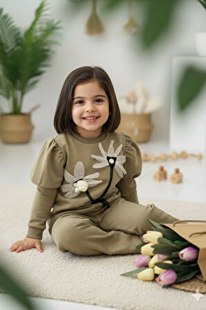 Miniğimin Cicileri Prenses Kol Detaylı Çiçekli Kız Çocuk 2 li Takım - Haki