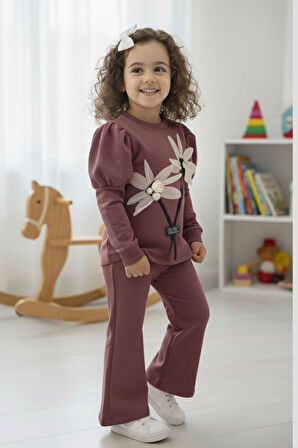 Miniğimin Cicileri Prenses Kol Detaylı Çiçekli Kız Çocuk 2 li Takım - Gül Kurusu