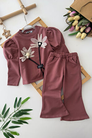 Miniğimin Cicileri Prenses Kol Detaylı Çiçekli Kız Çocuk 2 li Takım - Gül Kurusu