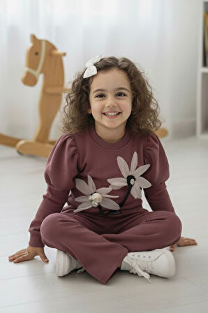 Miniğimin Cicileri Prenses Kol Detaylı Çiçekli Kız Çocuk 2 li Takım - Gül Kurusu