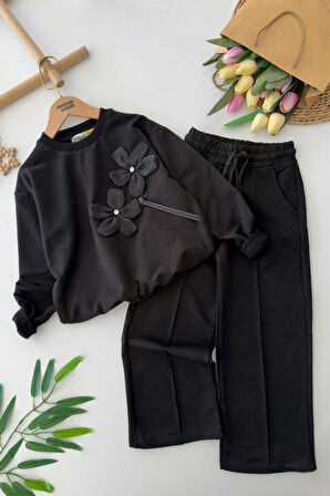 Miniğimin Cicileri 3D Çiçek Aplikeli Siyah Kız Çocuk Takımı - Siyah