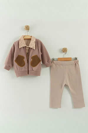 Miniğimin Cicileri Cepli Köpek BaskılıGömlekli Erkek Bebek 3’lü Takım - Kahverengi