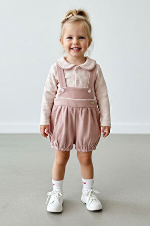 Miniğimin Cicileri Kışlık Kız Bebek Askılı Şort Tulum (Salopet) Takım - Pudra