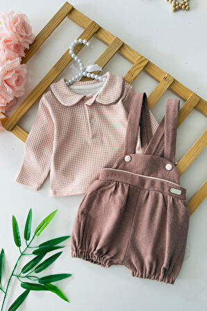 Miniğimin Cicileri Kışlık Kız Bebek Askılı Şort Tulum (Salopet) Takım - Gül Kurusu