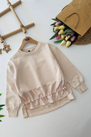 Miniğimin Cicileri Fırfır Detaylı Lastikli Kız Çocuk Sweatshirt - Bej