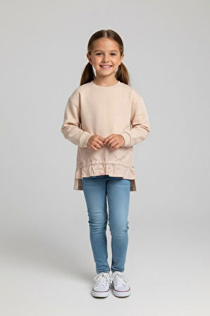 Miniğimin Cicileri Fırfır Detaylı Lastikli Kız Çocuk Sweatshirt - Bej
