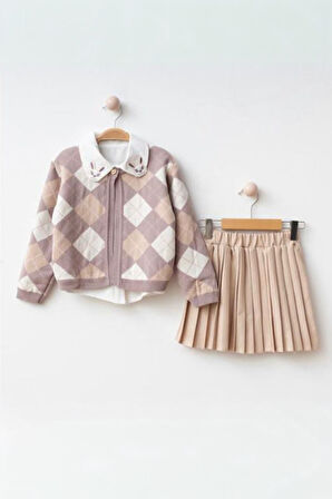 Minigimin Cicileri Tavşan Yaka Detaylı Triko  Kız Çocuk 3 lü Takım - Mor