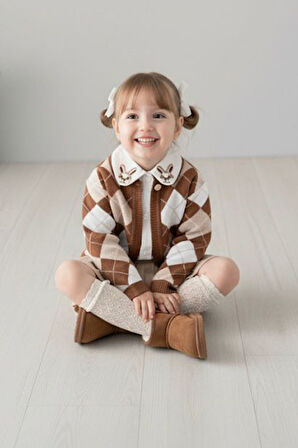 Minigimin Cicileri Tavşan Yaka Detaylı Triko  Kız Çocuk 3 lü Takım - Kahverengi