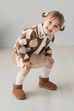 Minigimin Cicileri Tavşan Yaka Detaylı Triko  Kız Çocuk 3 lü Takım - Kahverengi